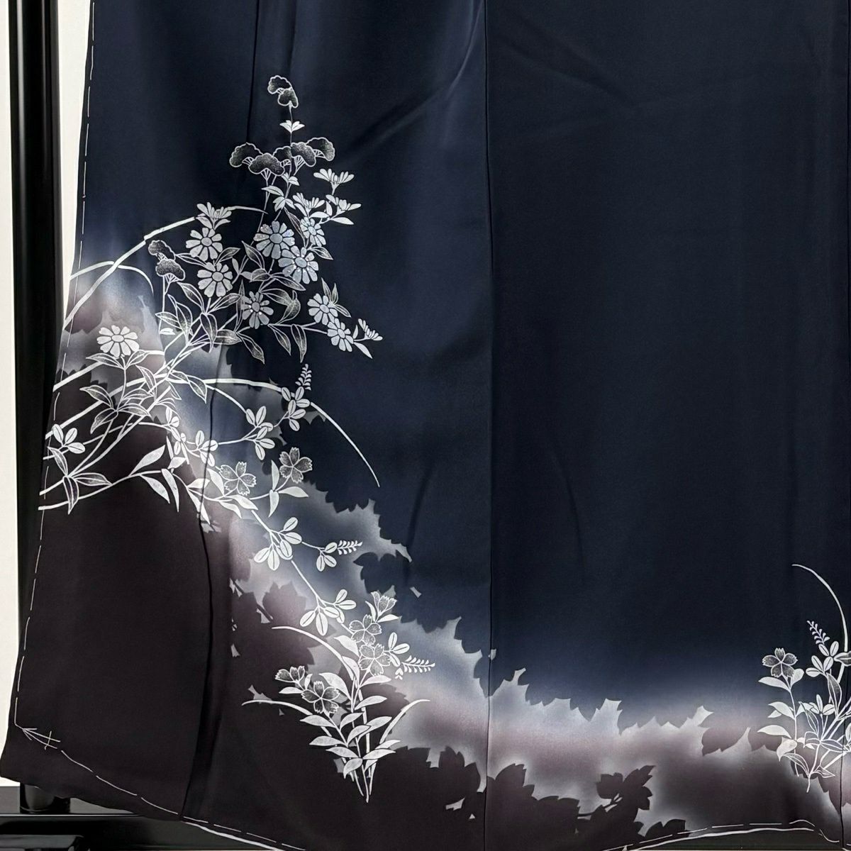 付下 身長160cm 袖長63cm S 雙層 秋草 輪廓 水晶 銀銀彩 深藍 純蠶絲 優品級