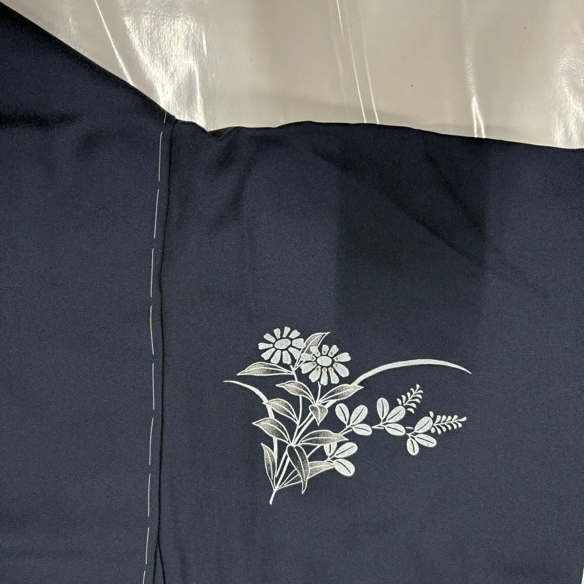 付下 身長160cm 袖長63cm S 雙層 秋草 輪廓 水晶 銀銀彩 深藍 純蠶絲 優品級