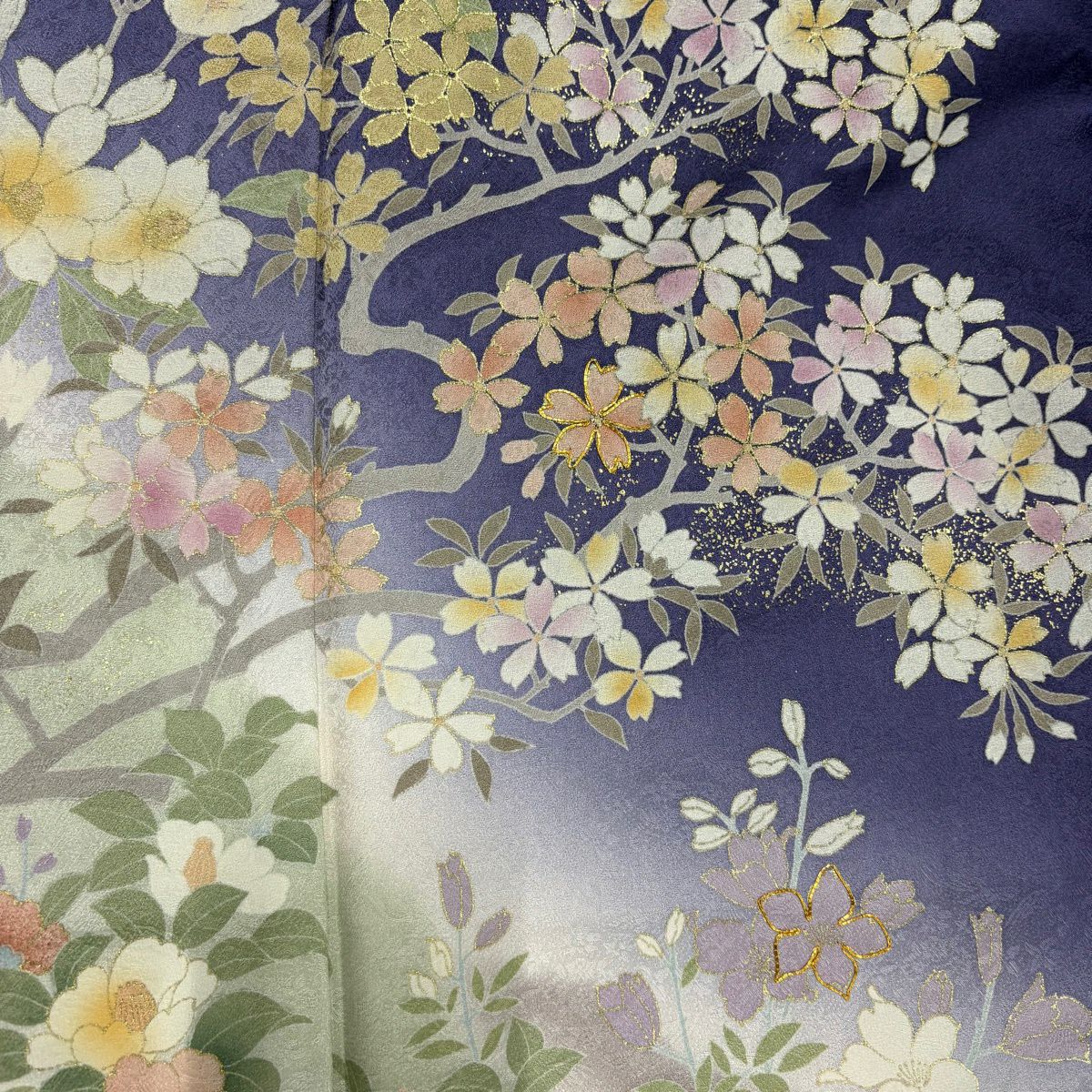 訪問服 身長158cm 袖長65cm M 雙層 櫻花 椿 金絲 金銀彩 紫 純蠶絲 優品級