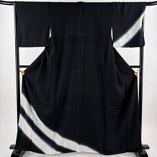 付下 身長164cm 袖長66.5cm M 雙層 松樹葉 金糸 刺繡 黑 純蠶絲 秀品級