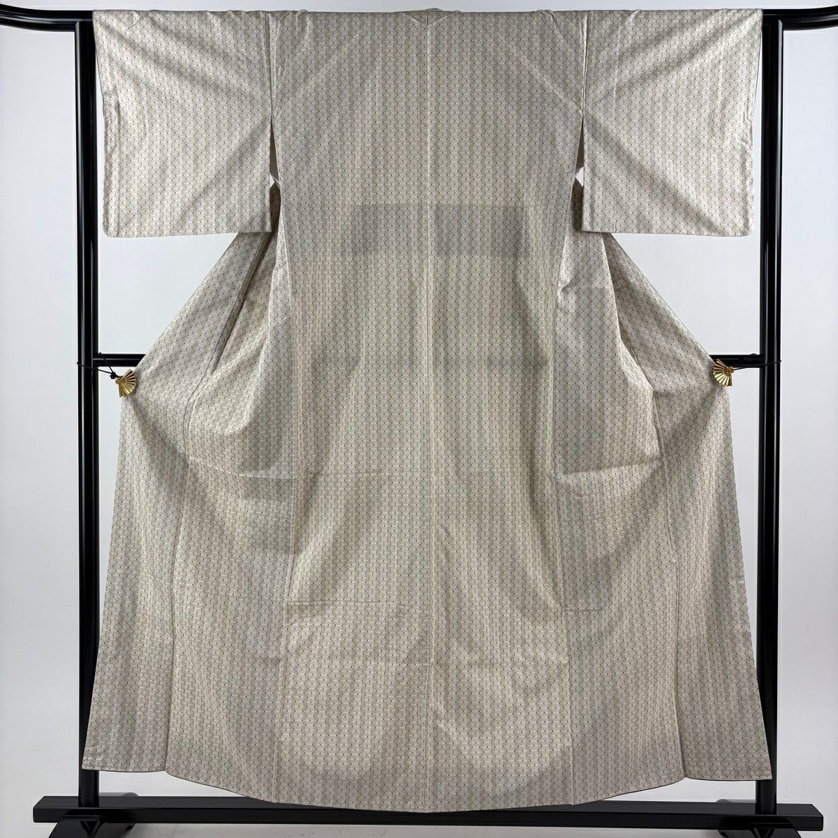 【美品】 大島紬織 身長156cm 袖長63cm S 雙層 屋久杉染 大和 證書あり 縞 格子 米色 純蠶絲 優品級