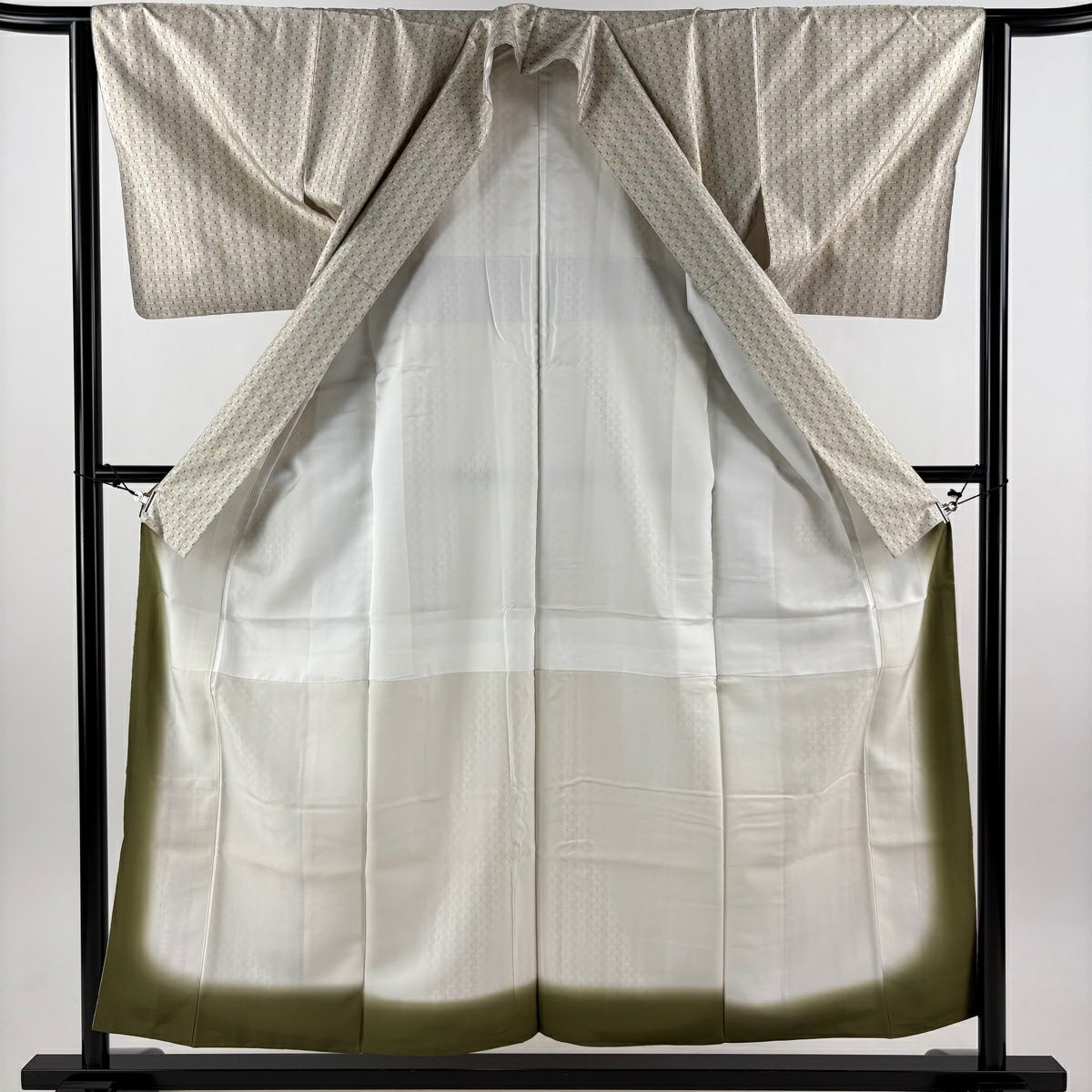 【美品】 大島紬織 身長156cm 袖長63cm S 雙層 屋久杉染 大和 證書あり 縞 格子 米色 純蠶絲 優品級