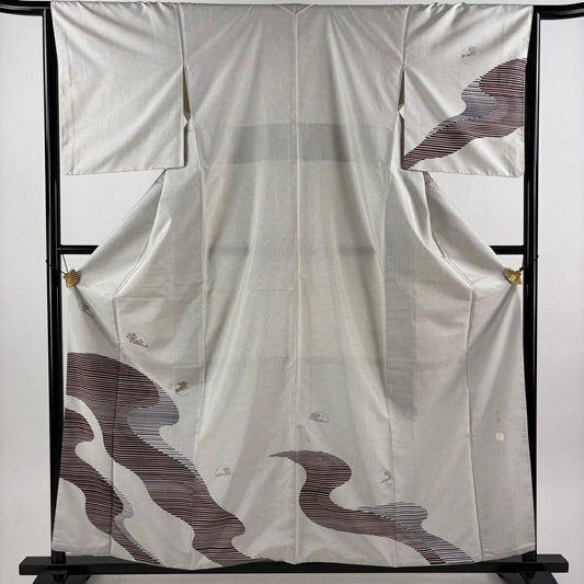 付下 身長159.5cm 袖長65cm M 雙層 紬織織 林淳一 落款あり 霞 縞 金絲 金金箔 灰白 純蠶絲 優品級