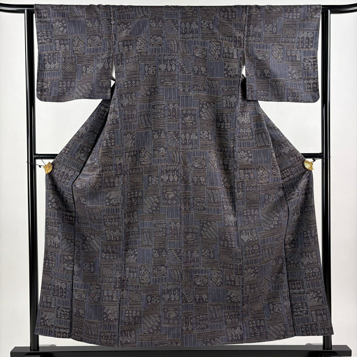 【美品】小紋 身長155cm 袖長62.5cm S 雙層 紬織織 草花紋紋 器物 紫 純蠶絲 秀品級
