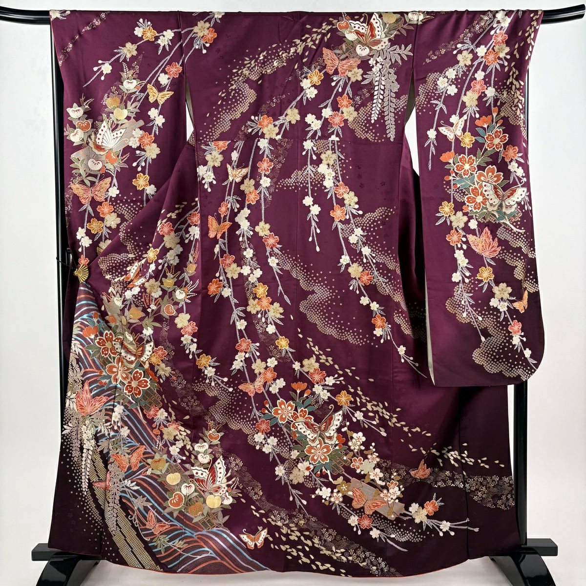 振袖禮服 身長163cm 袖長68.5cm L 雙層 花筏 蝶 金絲 金銀彩 紅紫 純蠶絲 秀品級