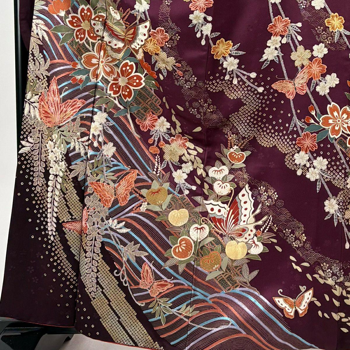 振袖禮服 身長163cm 袖長68.5cm L 雙層 花筏 蝶 金絲 金銀彩 紅紫 純蠶絲 秀品級
