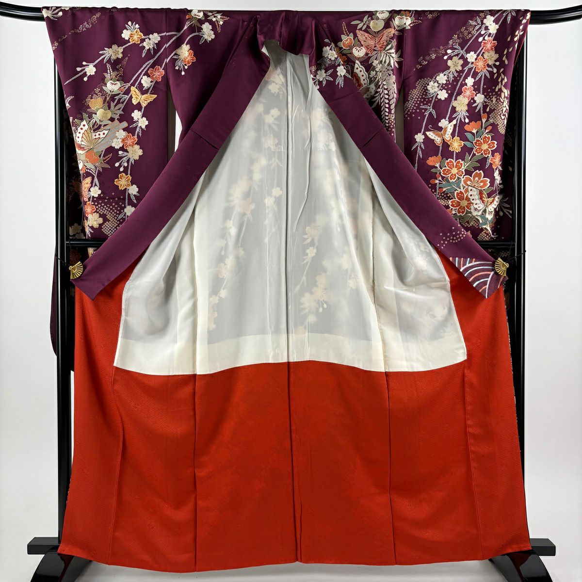 振袖禮服 身長163cm 袖長68.5cm L 雙層 花筏 蝶 金絲 金銀彩 紅紫 純蠶絲 秀品級