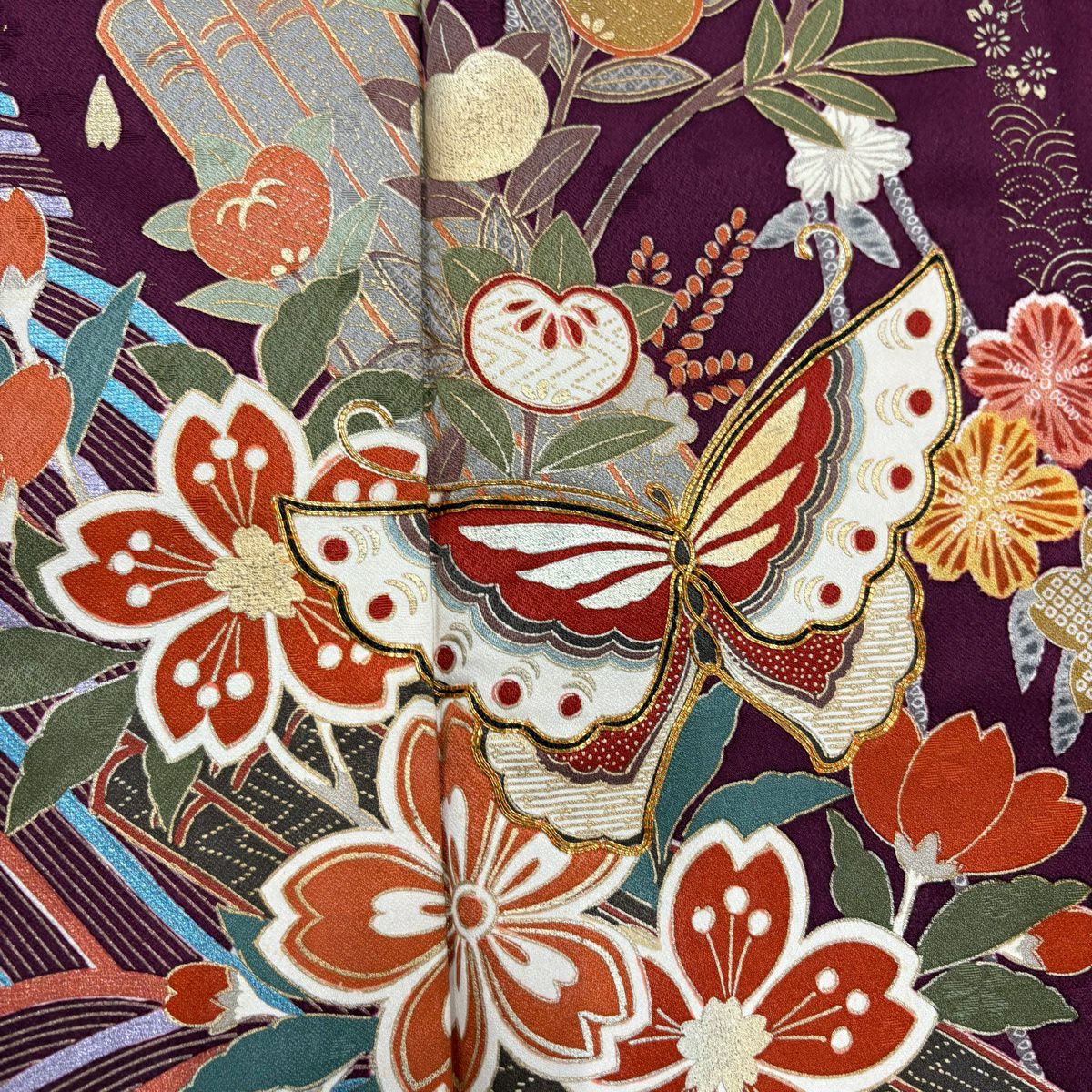 振袖禮服 身長163cm 袖長68.5cm L 雙層 花筏 蝶 金絲 金銀彩 紅紫 純蠶絲 秀品級