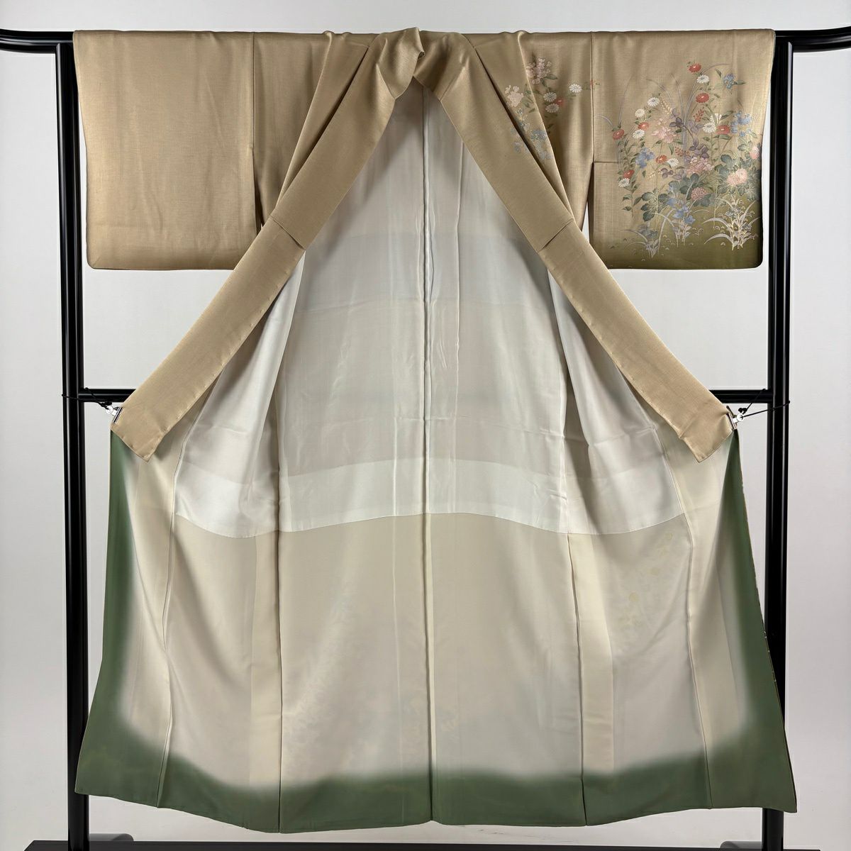 訪問服 身長152cm 袖長63.5cm S 雙層 菊花 桔梗 金銀彩 漸層 淺茶 純蠶絲 優品級