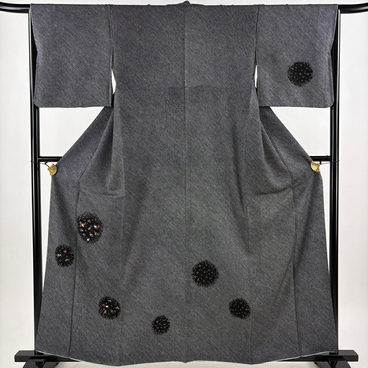 付下 身長160cm 袖長65.5cm M 雙層 草花紋紋 疋田刺繡 絞染 黑灰 純蠶絲 優品級