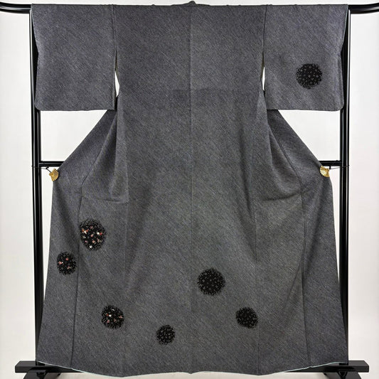 付下 身長160cm 袖長65.5cm M 雙層 草花紋紋 疋田刺繡 絞染 黑灰 純蠶絲 優品級