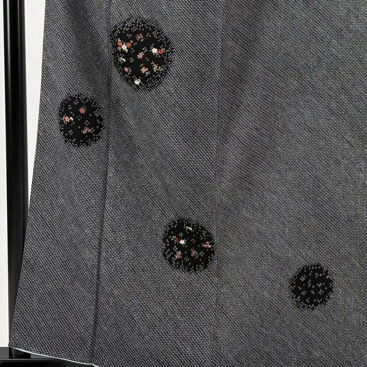 付下 身長160cm 袖長65.5cm M 雙層 草花紋紋 疋田刺繡 絞染 黑灰 純蠶絲 優品級