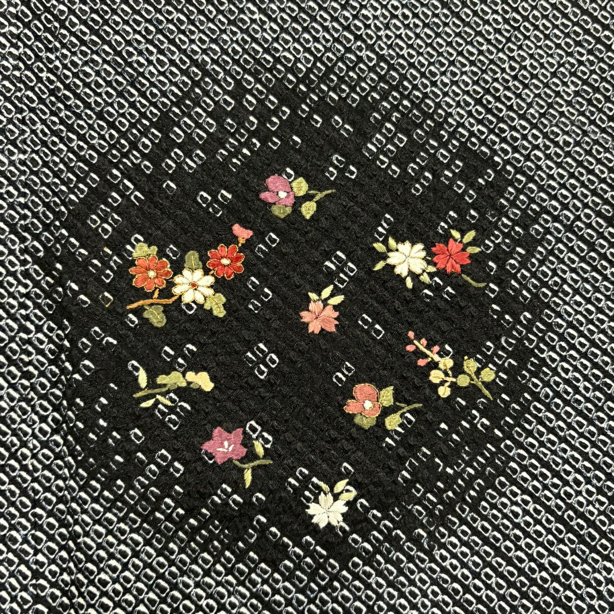 付下 身長160cm 袖長65.5cm M 雙層 草花紋紋 疋田刺繡 絞染 黑灰 純蠶絲 優品級