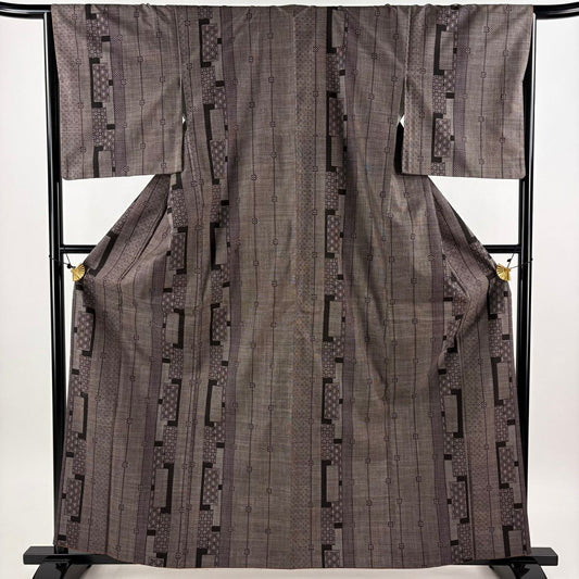 【美品】 紬織織 身長162cm 袖長66.5cm M 雙層 麻葉紋 縞紋 焦茶 純蠶絲 秀品級