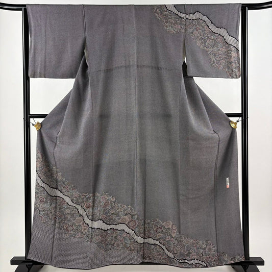 訪問服 身長160cm 袖長64cm M 雙層 落款 草花紋紋 青海波 絞染 黑灰 純蠶絲 秀品級