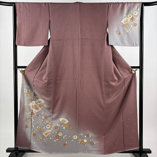 訪問服 身長160cm 袖長64.5cm M 雙層 扇子面 鼓 刺繡 金彩裝飾 薄小豆 純蠶絲 秀品級