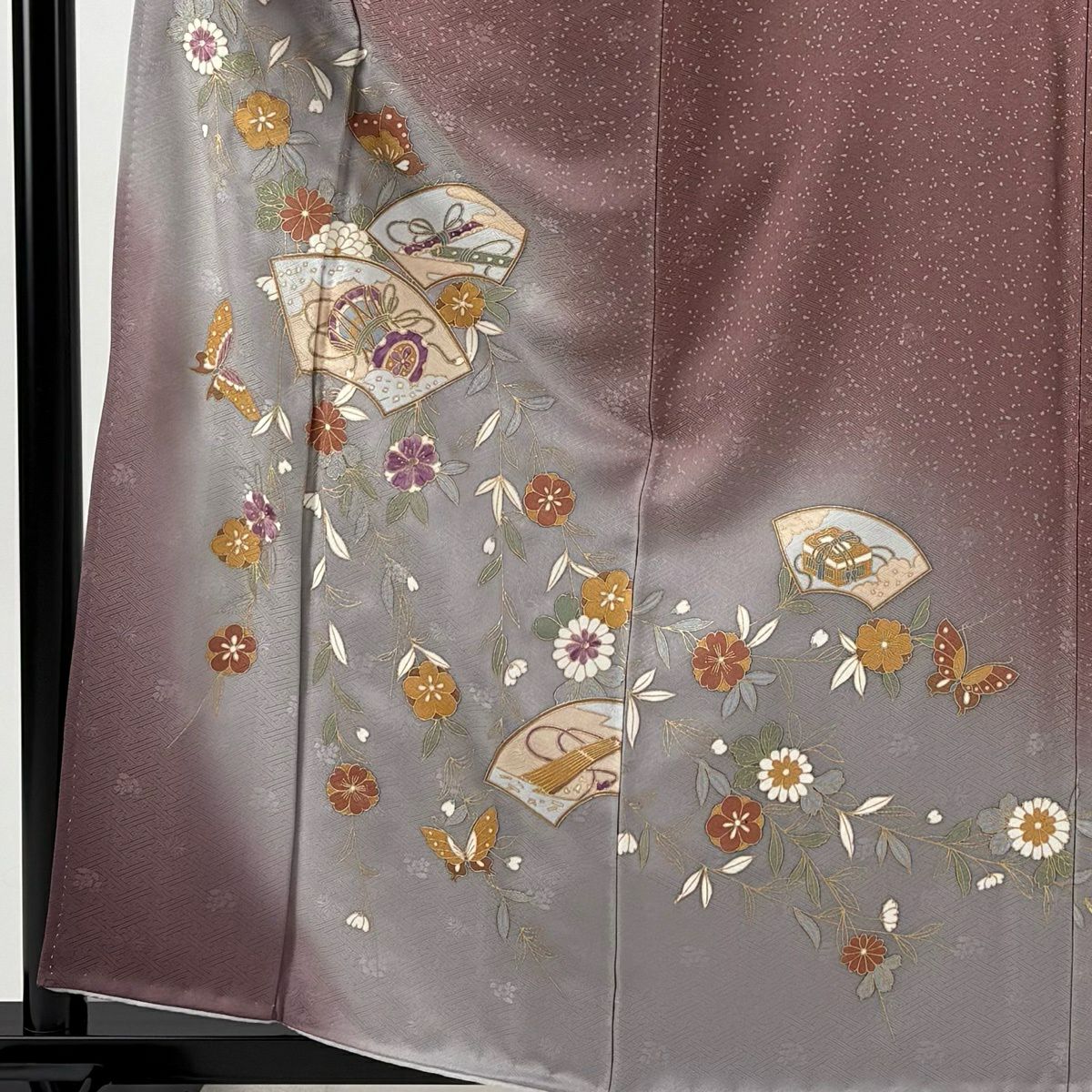 訪問服 身長160cm 袖長64.5cm M 雙層 扇子面 鼓 刺繡 金彩裝飾 薄小豆 純蠶絲 秀品級