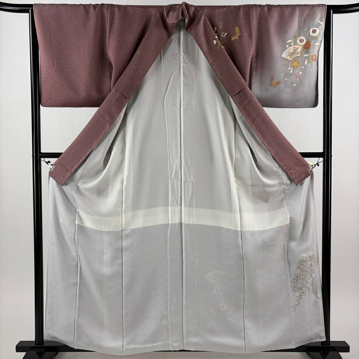 訪問服 身長160cm 袖長64.5cm M 雙層 扇子面 鼓 刺繡 金彩裝飾 薄小豆 純蠶絲 秀品級
