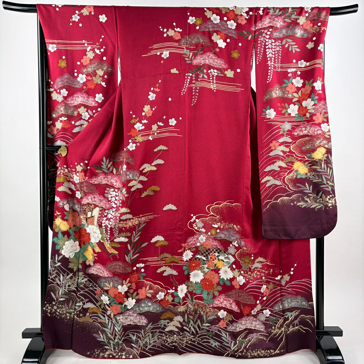 振袖禮服 身長167cm 袖長69.5cm L 雙層 御所車 牡丹 金絲 金銀彩 深粉 純蠶絲 秀品級