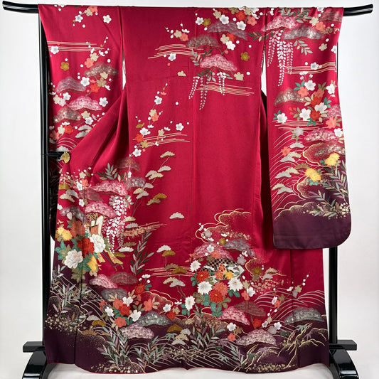 振袖禮服 身長167cm 袖長69.5cm L 雙層 御所車 牡丹 金絲 金銀彩 深粉 純蠶絲 秀品級