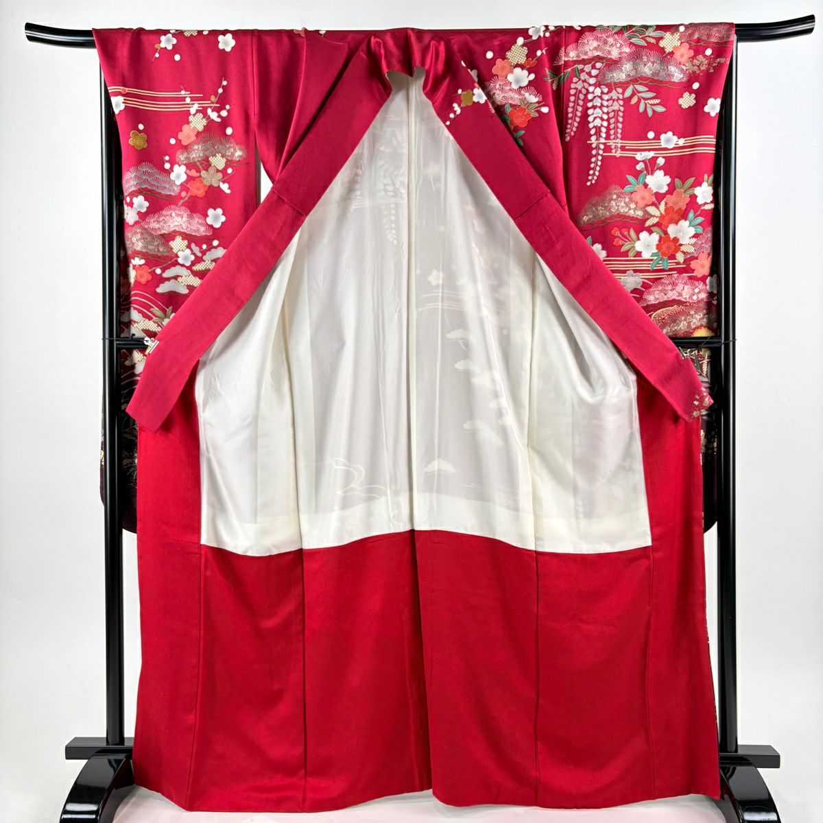 振袖禮服 身長167cm 袖長69.5cm L 雙層 御所車 牡丹 金絲 金銀彩 深粉 純蠶絲 秀品級