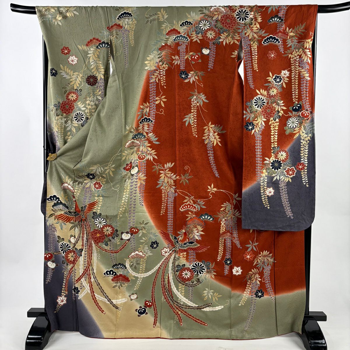 振袖禮服 身長170.5cm 袖長68cm L 雙層 鳳凰 草花紋 金糸 金銀彩 灰綠 純蠶絲 秀品級