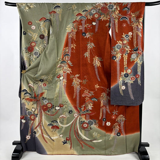 振袖禮服 身長170.5cm 袖長68cm L 雙層 鳳凰 草花紋 金糸 金銀彩 灰綠 純蠶絲 秀品級