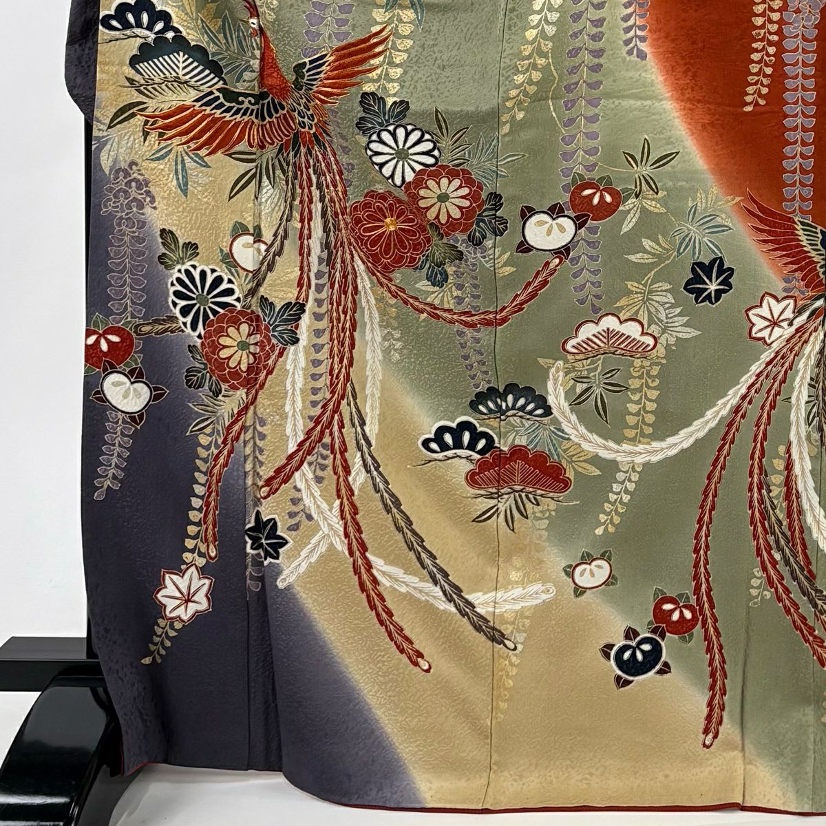 振袖禮服 身長170.5cm 袖長68cm L 雙層 鳳凰 草花紋 金糸 金銀彩 灰綠 純蠶絲 秀品級