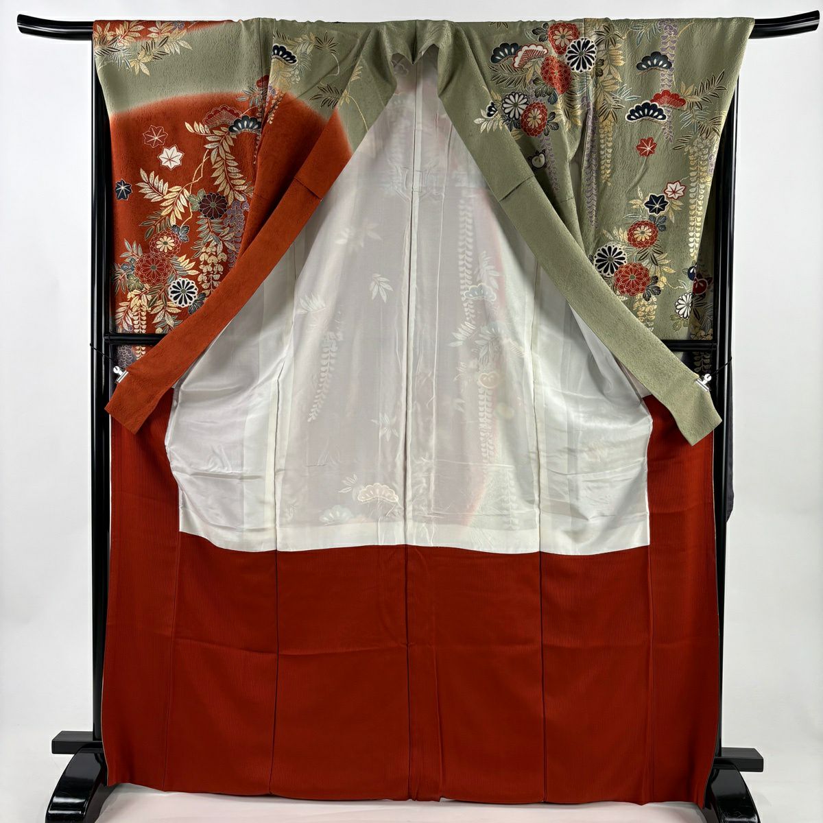 振袖禮服 身長170.5cm 袖長68cm L 雙層 鳳凰 草花紋 金糸 金銀彩 灰綠 純蠶絲 秀品級