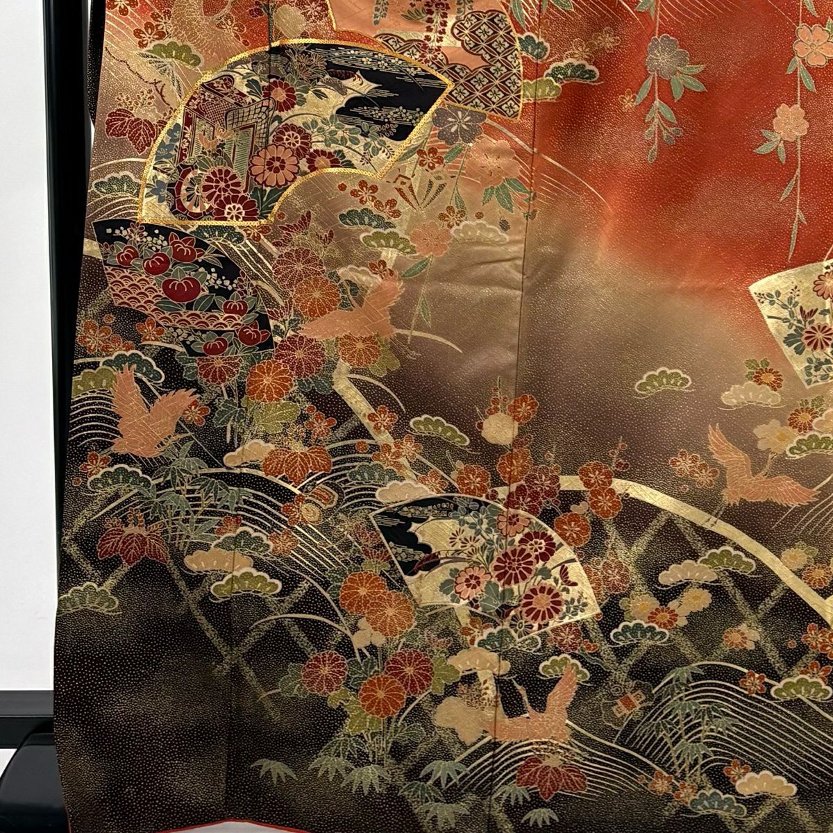 振袖禮服 身長168cm 袖長66cm M 雙層 扇子面 草花紋 金絲 金銀彩 紅茶 純蠶絲 秀品級