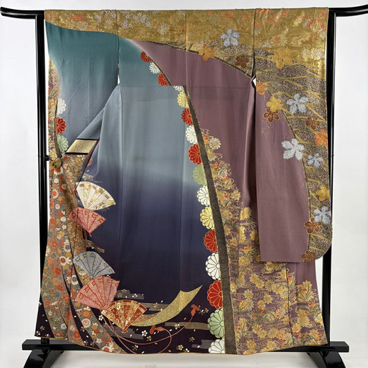 振袖禮服 身長159cm 袖長62.5cm S 雙層 扇子 幾帳 金銀彩 漸層 青紫 純蠶絲 秀品級