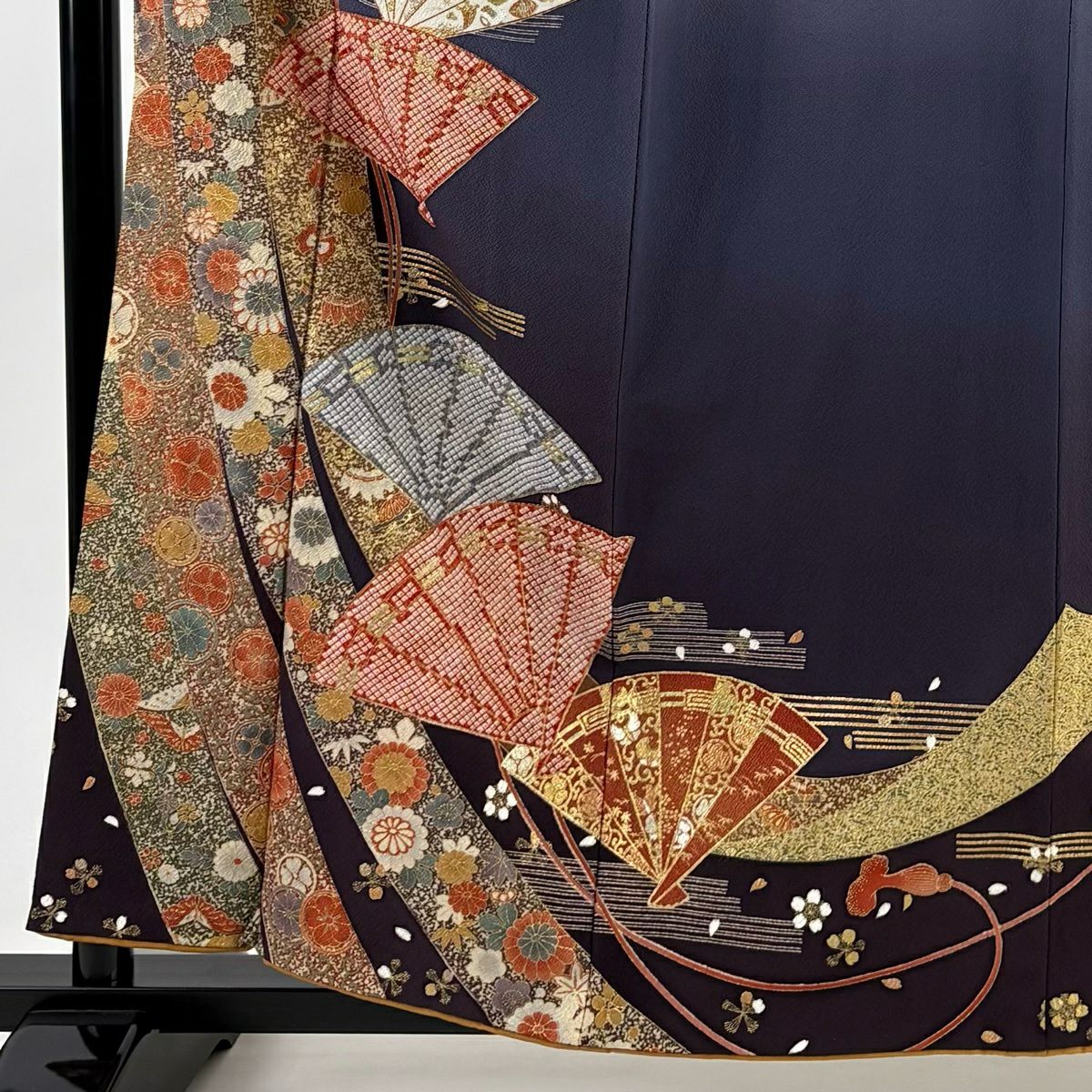 振袖禮服 身長159cm 袖長62.5cm S 雙層 扇子 幾帳 金銀彩 漸層 青紫 純蠶絲 秀品級