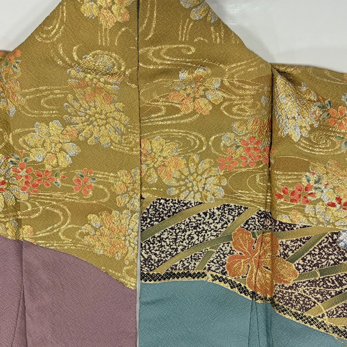 振袖禮服 身長159cm 袖長62.5cm S 雙層 扇子 幾帳 金銀彩 漸層 青紫 純蠶絲 秀品級