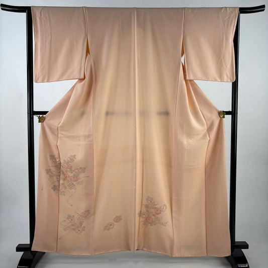 付下 身長162cm 袖長65cm M 雙層 菊花 幾帳 刺繡 淺橙 純蠶絲 優品級