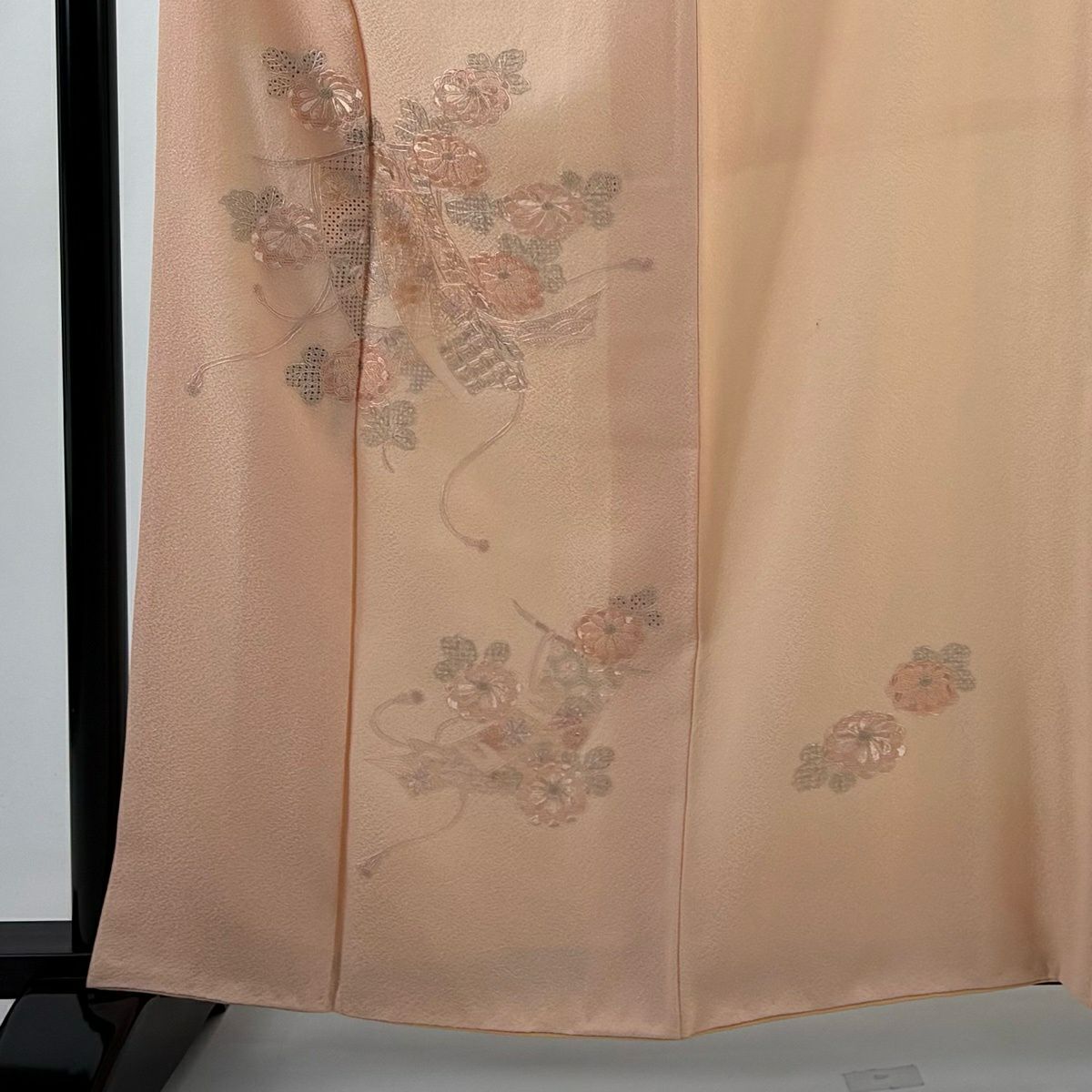 付下 身長162cm 袖長65cm M 雙層 菊花 幾帳 刺繡 淺橙 純蠶絲 優品級