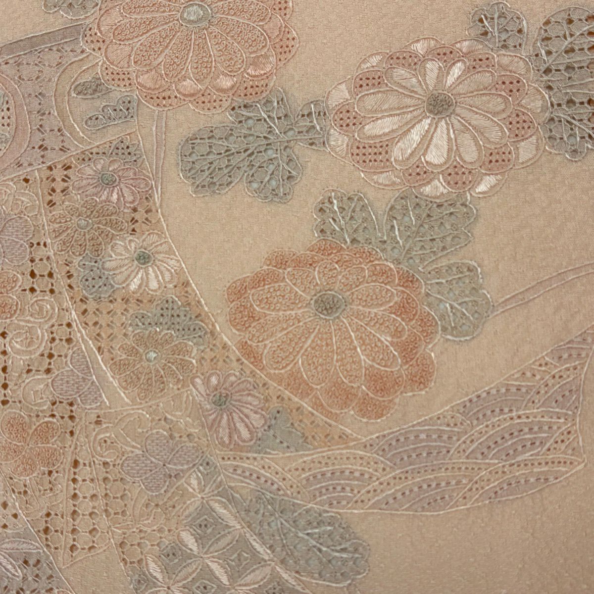 付下 身長162cm 袖長65cm M 雙層 菊花 幾帳 刺繡 淺橙 純蠶絲 優品級