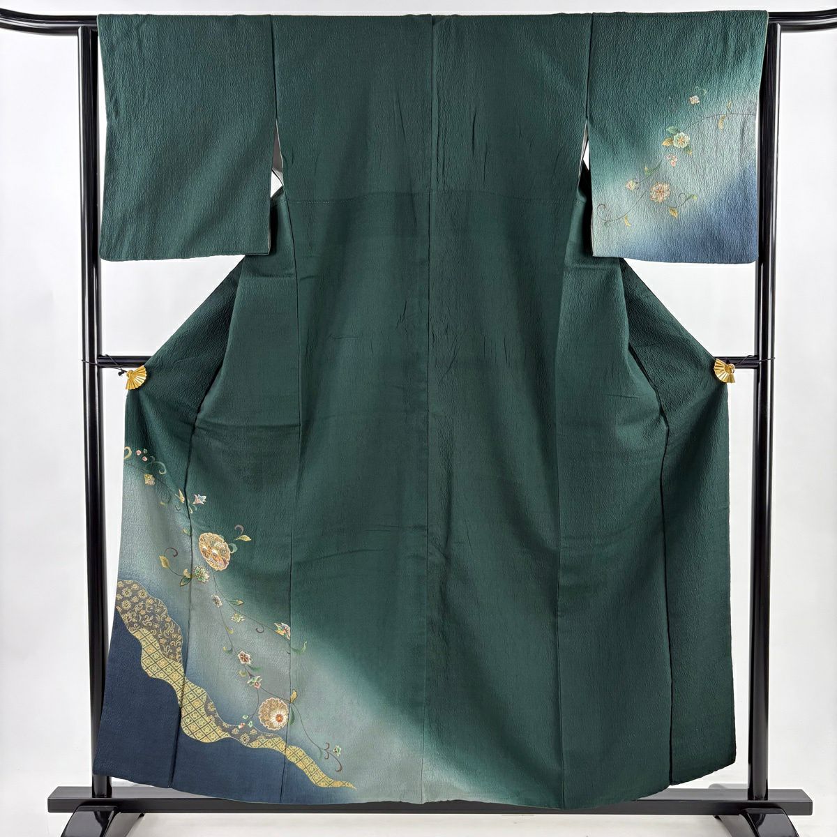 付下 身長158.5cm 袖長64cm M 雙層 大和 雪輪 向鳥 金絲 刺繡 深綠 純蠶絲 優品級