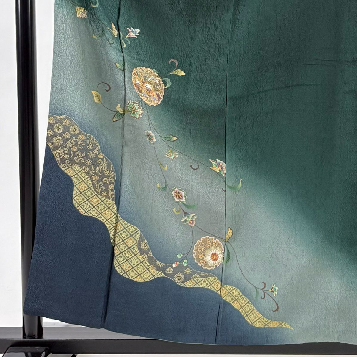 付下 身長158.5cm 袖長64cm M 雙層 大和 雪輪 向鳥 金絲 刺繡 深綠 純蠶絲 優品級