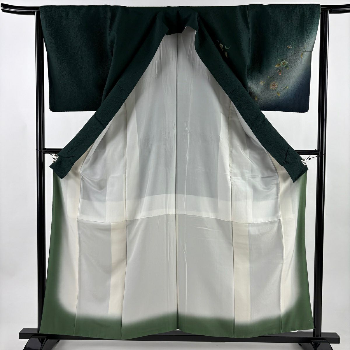 付下 身長158.5cm 袖長64cm M 雙層 大和 雪輪 向鳥 金絲 刺繡 深綠 純蠶絲 優品級
