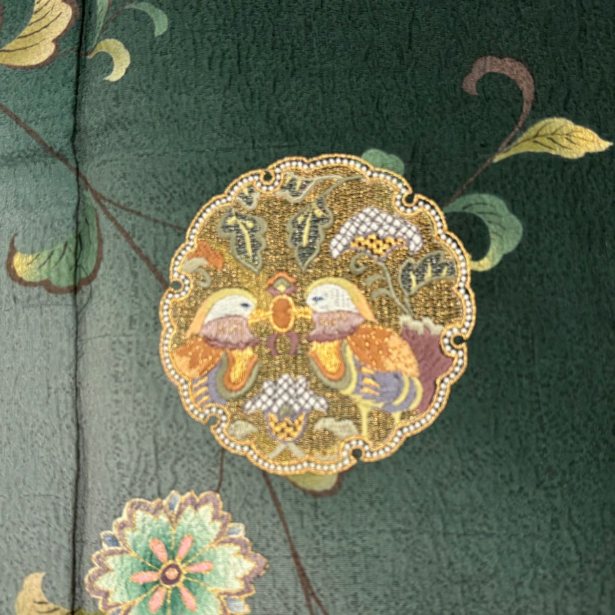 付下 身長158.5cm 袖長64cm M 雙層 大和 雪輪 向鳥 金絲 刺繡 深綠 純蠶絲 優品級