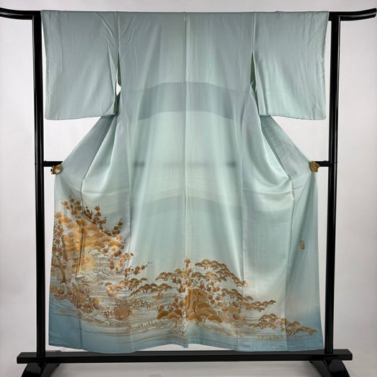色留袖禮服 身長155cm 袖長62.5cm S 雙層 和田光正 落款あり 建物 松樹竹子梅花 金銀彩 ぼかし 水色 純蠶絲 秀品級 一つ紋