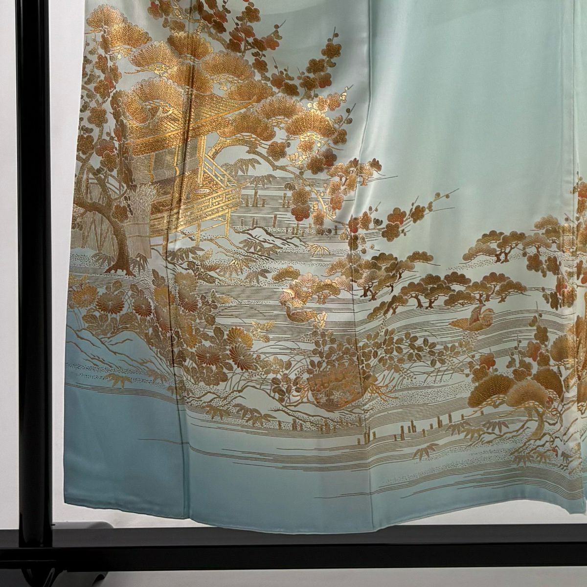 色留袖禮服 身長155cm 袖長62.5cm S 雙層 和田光正 落款あり 建物 松樹竹子梅花 金銀彩 ぼかし 水色 純蠶絲 秀品級 一つ紋