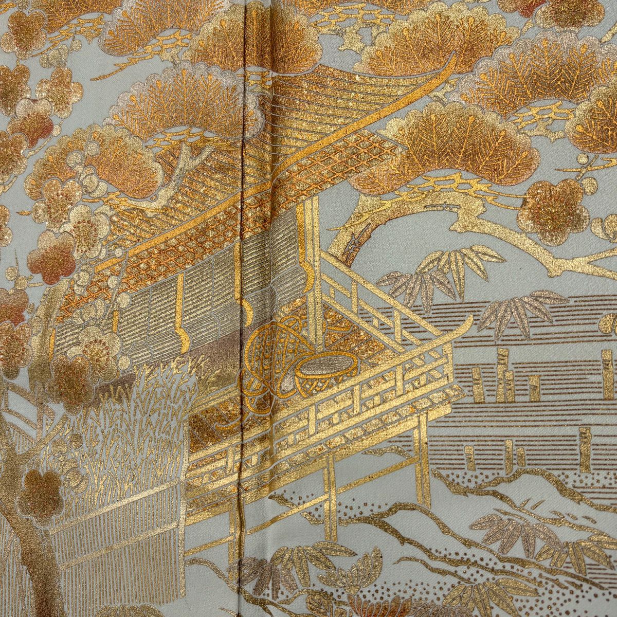 色留袖禮服 身長155cm 袖長62.5cm S 雙層 和田光正 落款あり 建物 松樹竹子梅花 金銀彩 ぼかし 水色 純蠶絲 秀品級 一つ紋