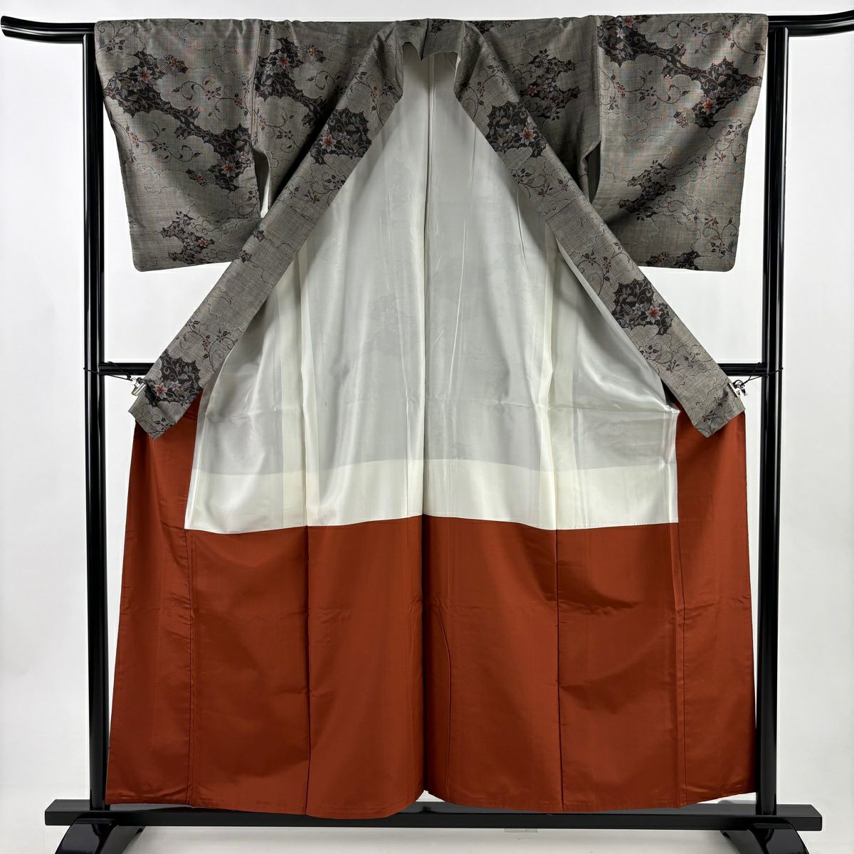 【美品】 紬織織 身長158.5cm 袖長63cm S 雙層 雲文 花唐草紋 焦茶 純蠶絲 秀品級
