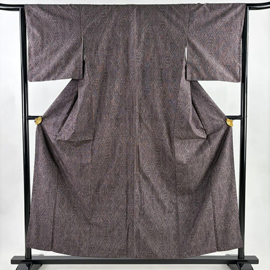 【美品】 紬織 身長156cm 袖長64cm M 雙層 大和 菱 幾何圖案 茶紫 純蠶絲 優品級