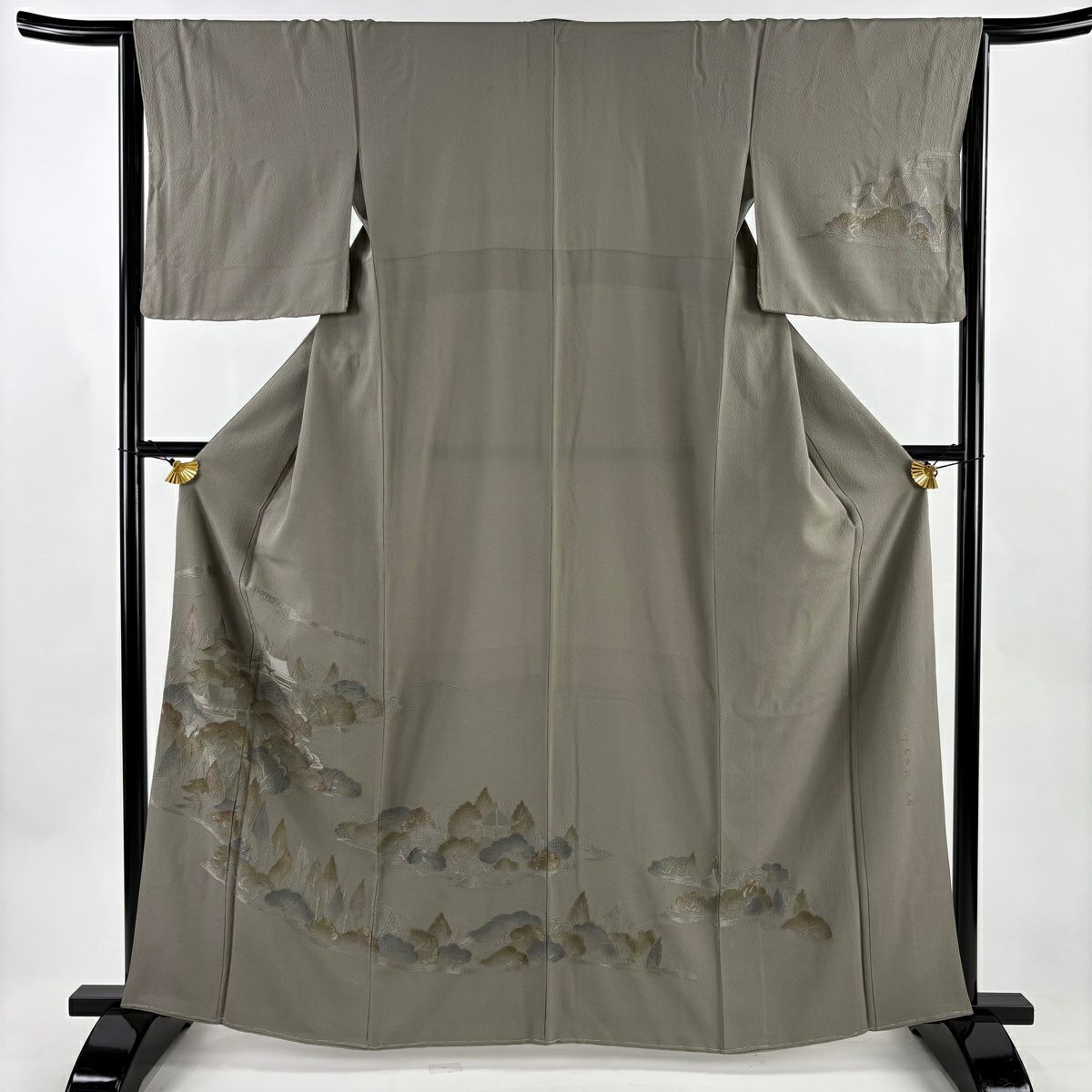 付下 身長163cm 袖長64cm M 雙層 松樹島的風景 樹木 刺繡 絞織 灰茶 純蠶絲 優品級