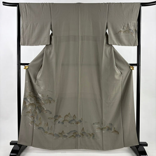 付下 身長163cm 袖長64cm M 雙層 松樹島的風景 樹木 刺繡 絞織 灰茶 純蠶絲 優品級