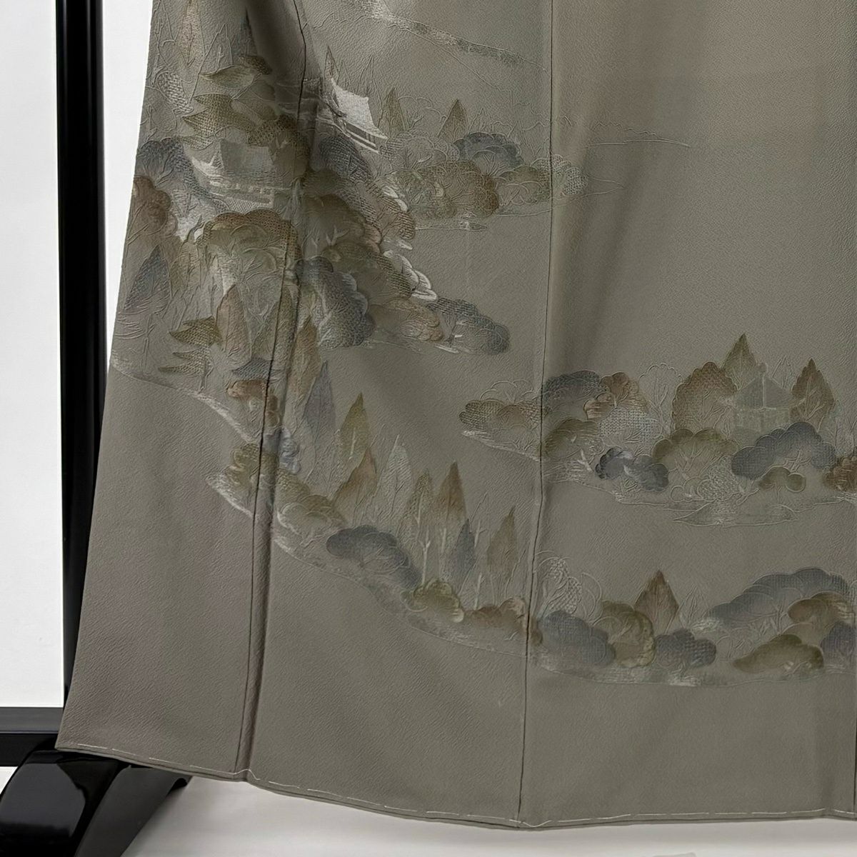 付下 身長163cm 袖長64cm M 雙層 松樹島的風景 樹木 刺繡 絞織 灰茶 純蠶絲 優品級