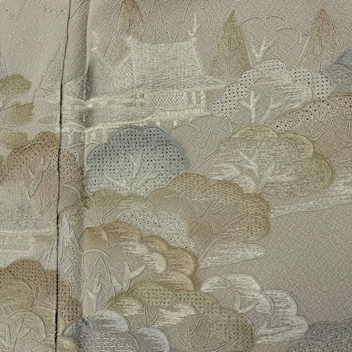 付下 身長163cm 袖長64cm M 雙層 松樹島的風景 樹木 刺繡 絞織 灰茶 純蠶絲 優品級