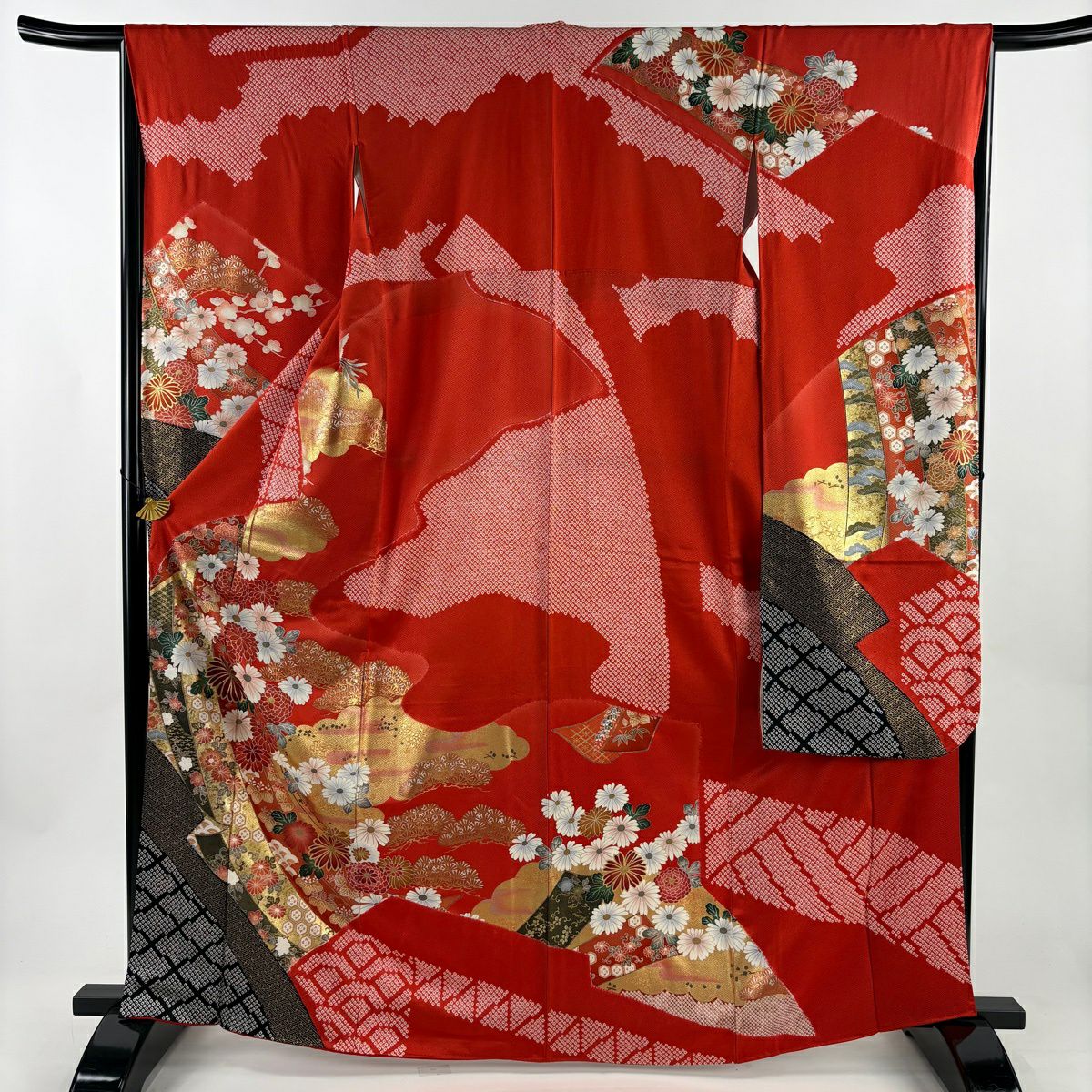 【美品】振袖禮服 身長166cm 袖長66.5cm M 雙層 幾帳 草花紋紋 金銀彩 絞染 朱 純蠶絲 秀品級